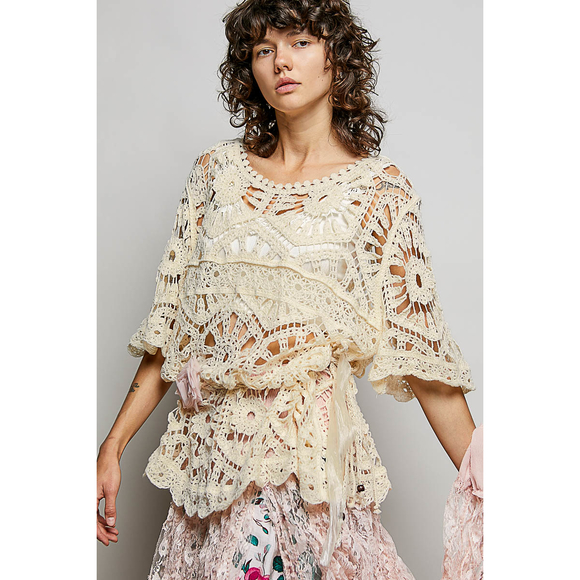 Pol Sweaters - SMC270 CREAM Pol Round Neck Half Sleeve Crochet Top One Size